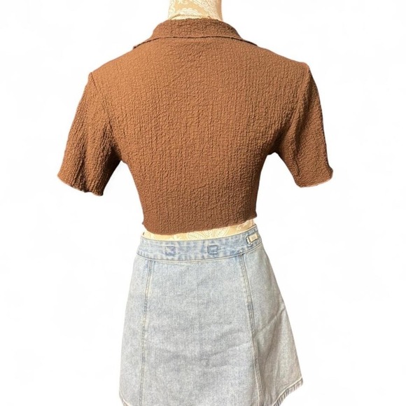 Zara Chocolate Brown Textured Cropped Button-Front Blouse Y2K Minimalist XS - Picture 3 of 5